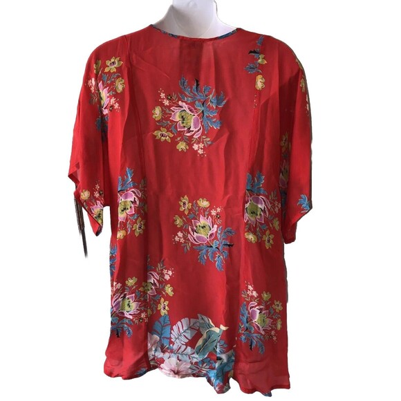 Johnny Was Red Floral Top Drop Tie Tassels Rayon Tunic Boho Women's Medium EUC - Picture 3 of 9